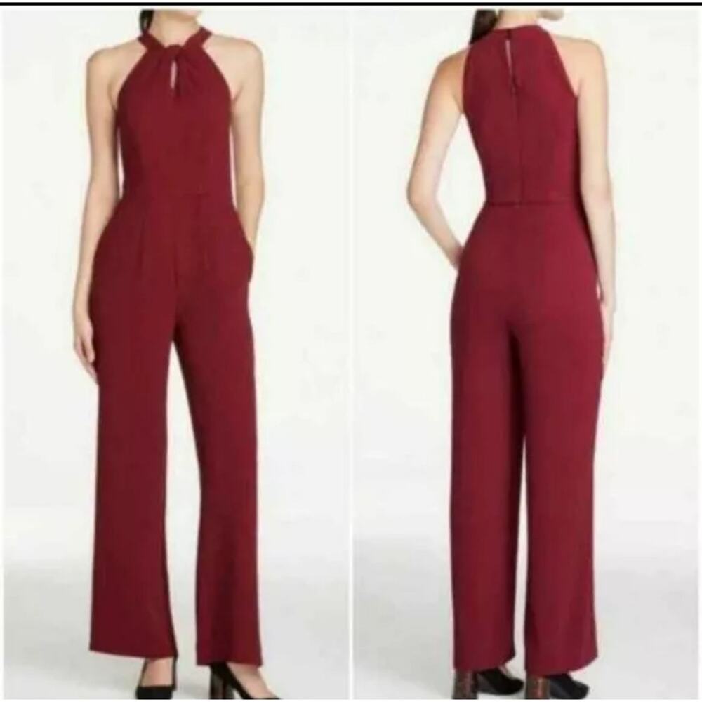 Ann Taylor Jumpsuit Wide Leg Pants Womens Size 4 Petite Burgundy Halter Pockets
